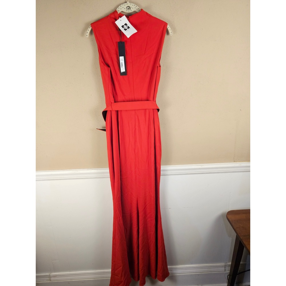 NWT Badgley Mischka Womens Orange Red Belted Pleated Cady Gown 6 - Picture 2 of 8